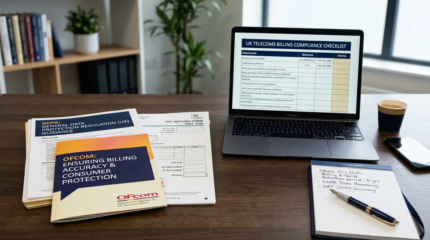 Professional desk with GDPR guidance, Ofcom leaflet, VAT return form, and a compliance checklist on a laptop