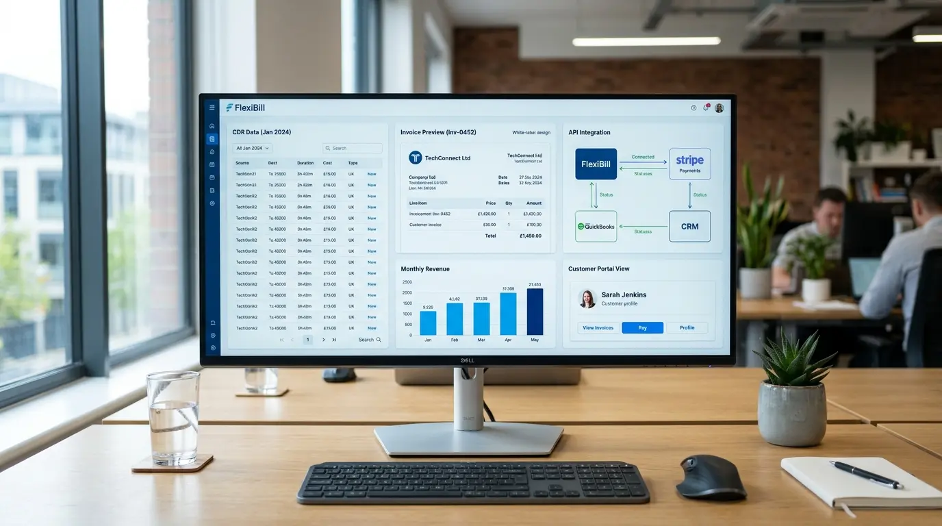 Modern billing software dashboard on a widescreen monitor showing CDR data, invoicing, API integrations, and revenue charts
