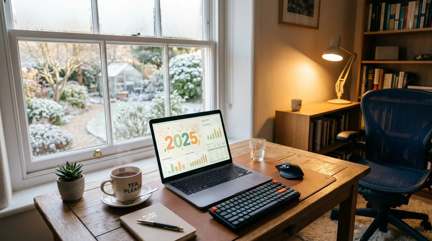 Cosy home office desk with laptop showing 2025 billing charts and a wintry English garden outside