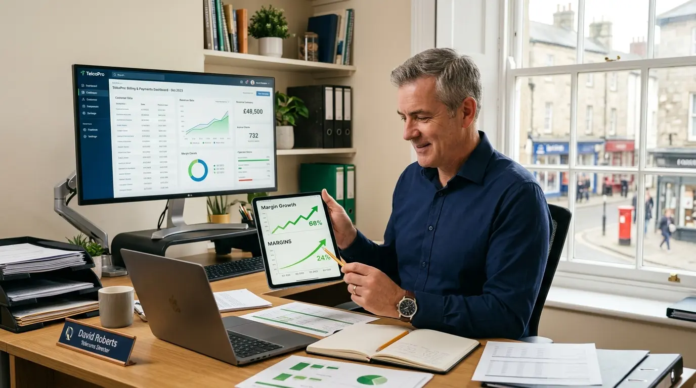 Business owner reviewing margin growth charts on a tablet with a billing platform on the monitor behind
