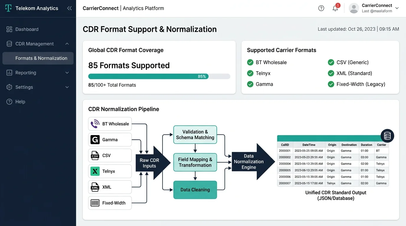 CDR format support: 85+ carrier formats processed automatically